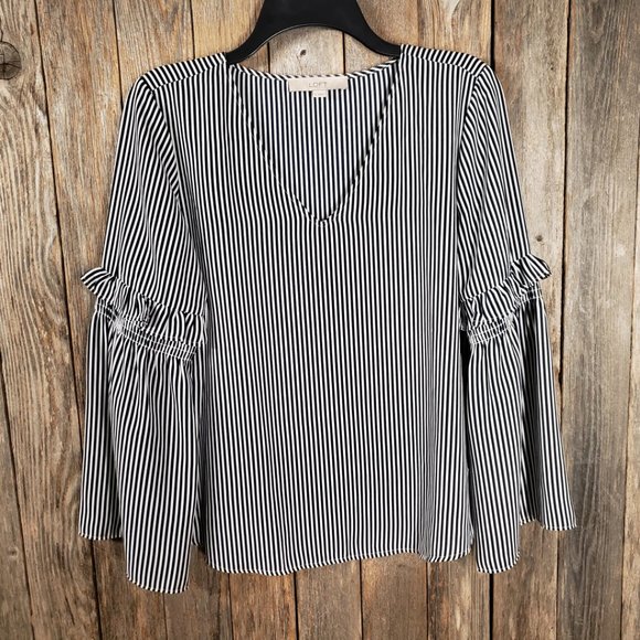 Loft S Women's Blue White Striped V Neck Ruffle Bell Sleeve Blouse Top - Picture 2 of 6